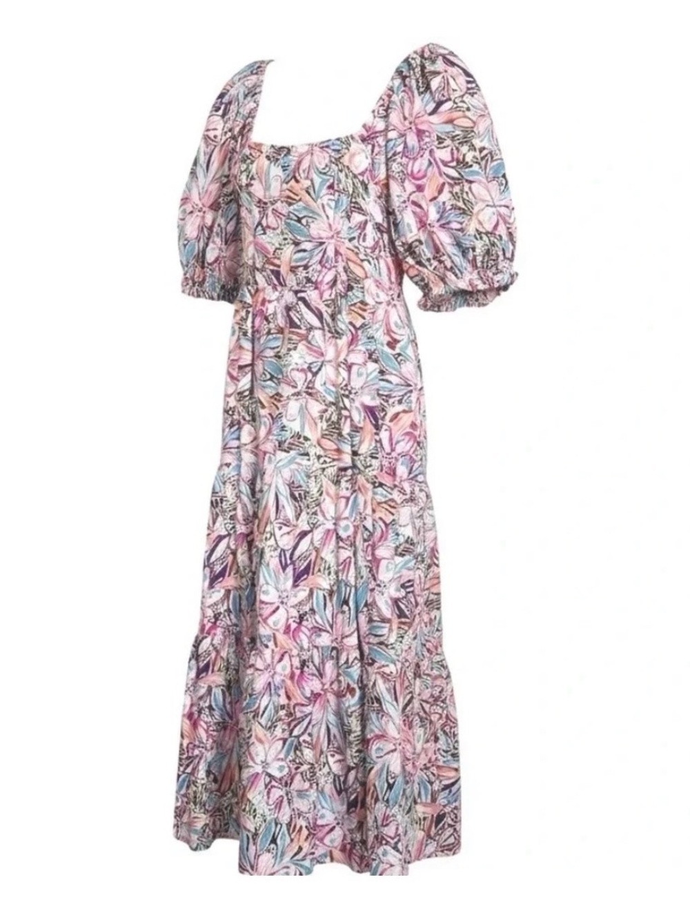 Sofie the Label Puff-Sleeve Tiered Midi Dress Pink Multi Boho Floral Large